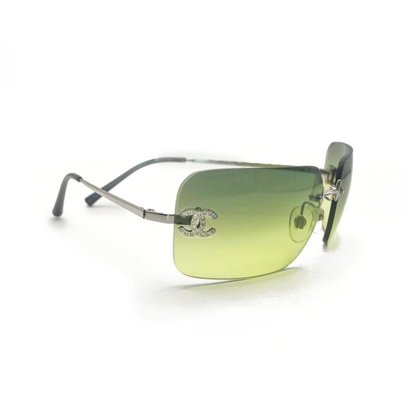 💚 RARE Chanel Vintage Sunglasses Rhinestone CC Logo Rimless Gradient Green Tint - Picture 3 of 11